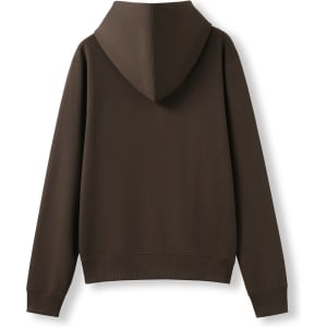 A brown women's/juniors zipper hoodie with a pocket, featuring a hood and long sleeves.