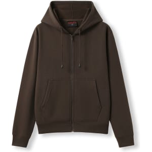 A dark brown women's zippered hoodie featuring a hood and front pocket, with a fitted design.