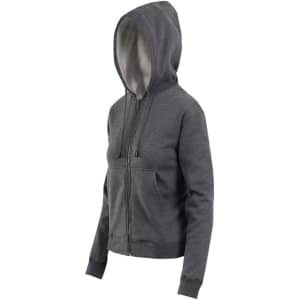A grey women's juniors zipper hoodie with a pocket and a lined hood. It features a logo on the front.