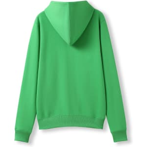 A green women's/juniors zippered hoodie with a hood and pockets, featuring a plain design.