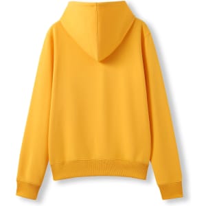 A yellow women's juniors zipper hoodie with a pocket, featuring a hood and a plain back design.