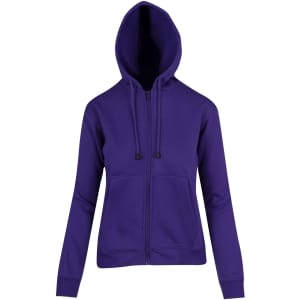 A purple women's juniors zip-up hoodie with a hood and front pockets. It features a logo on the front.