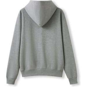 A grey women's juniors zipper hoodie with a hood and pocket, featuring a logo on the back.