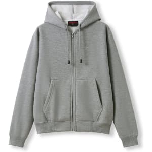 A grey zip-up hoodie featuring a hood and a front pocket, with a logo on the left chest area.