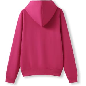 A bright pink women's juniors zipper hoodie with a hood and long sleeves, showcasing a clean back view.