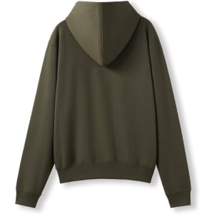 A brown women's/juniors zippered hoodie with a pocket, displayed from the back. It features a large hood.