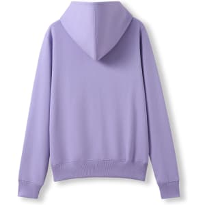 A lavender zip-up hoodie with a hood and long sleeves, featuring a pocket and a logo.