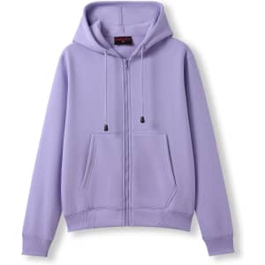A purple zipper hoodie with a pocket and a drawstring hood, featuring a logo.