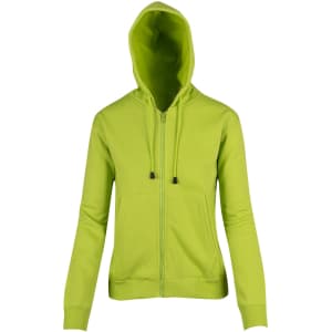 A bright green women's juniors zipper hoodie featuring a front pocket and a hood.