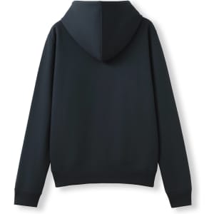 A black women's juniors zipper hoodie with a pocket and a hood, viewed from the back.