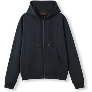 A navy women's junior zipper hoodie with a pocket and drawstrings on the hood, featuring a logo.
