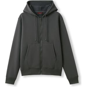 A women's zippered hoodie in black, featuring a front pocket and a hood, with a branded logo.