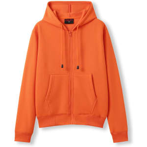 An orange zip-up hoodie with a pocket and a contrasting red hood, featuring a logo on the front.