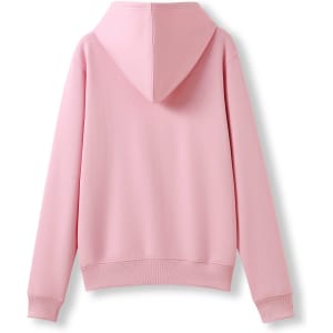 A pink women's/juniors hoodie featuring a hood and a back view. It has a pocket and includes a logo.