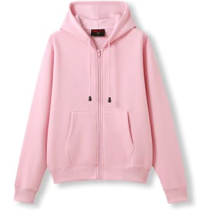 A pink women's juniors zipper hoodie with a front pocket and a drawstring hood. It features a logo.