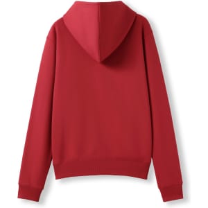 A red women's/juniors zipper hoodie with a pocket and a hood, featuring a plain back design.