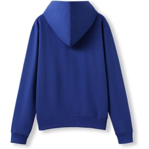 A blue women's juniors zipper hoodie with a pocket, featuring a hood and long sleeves.