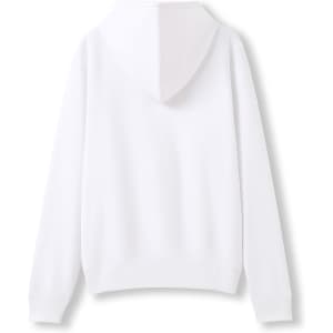 A white women's zip-up hoodie with a hood and long sleeves, featuring a pocket.