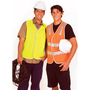 Two men wearing safety vests, one in bright yellow and the other in orange, both with white hard hats.