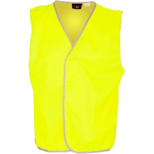 A bright yellow work vest made of 100% polyester, featuring a simple design without reflective tape.