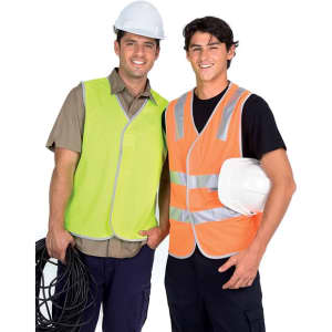 Two men wearing high-visibility vests—one lime green and one orange—smiling and holding equipment. Both are in hard hats.