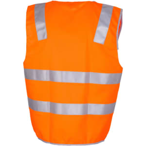An orange vest with 3M reflective tape, featuring a sleeveless design and a logo on the front.