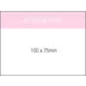 A notepad featuring a pink design, measuring 100 x 75 mm, with 100 leaves. Includes a logo.