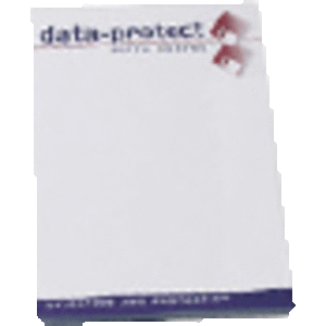 A6 writing pad with 25 blank leaf pages and a logo at the top, presented in white.