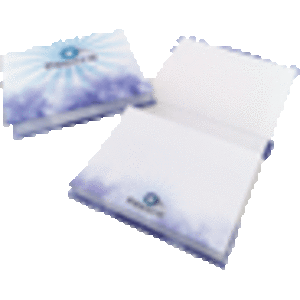 A notepad with a hard cover featuring a blue and white design, open to display blank pages inside.