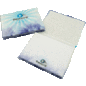 A notepad featuring a hard cover with a blue and white design, containing 50 blank leaves and a logo.