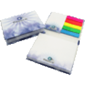 A notebook with a hard cover, featuring 100 leaves and brightly coloured film markers in pink, green, blue, and yellow.