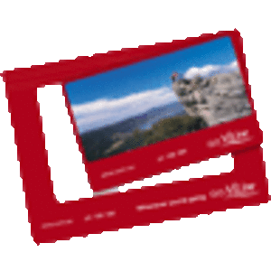 A red magnetic photo frame displaying a scenic landscape image, featuring an area for a photo and a logo.