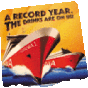 A vibrant coaster featuring two ships with bold red and yellow colours, along with a logo.