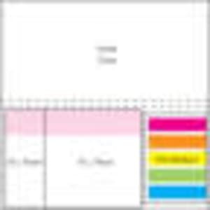 A pad with a laminated four-colour cover featuring sections in pink, yellow, green, blue, and orange, plus a logo.