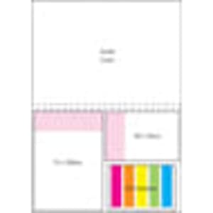 A combination pad featuring a laminated cover in pink and a multicolour section with vibrant stripes.