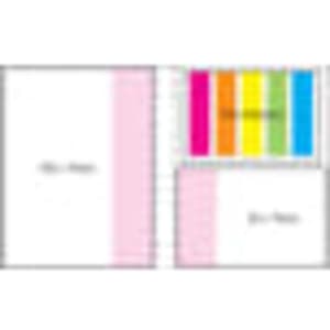 A combo pad featuring a laminated cover with a vibrant multicoloured design and sections for notes.