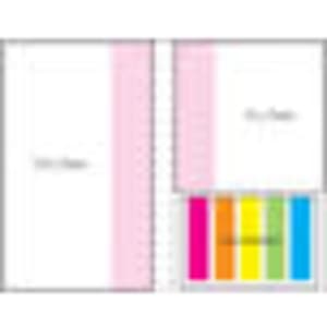 A laminated pad with a four-colour cover featuring pink, yellow, green, orange, and blue sections. It has a logo.