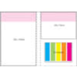 A notepad featuring a pink cover with a colourful striped section inside. Includes a logo.