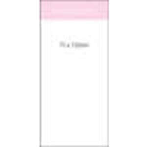 A notepad featuring a white cover with a pink header, containing 100 leaves, and includes a logo.