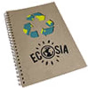 A recycled notebook with a spiral binding, featuring a green and blue recycling symbol and a logo on a brown cover.
