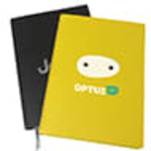 A2 A5 recycled notebooks in black and yellow, featuring a logo on the yellow cover.