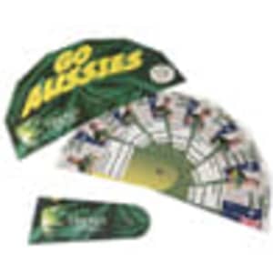 A folded brochure fan in green and yellow with various images and a logo, designed for promotional use.