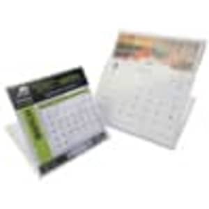 A desk calendar featuring a digital display with a landscape design, presented in a plastic holder and includes a logo.