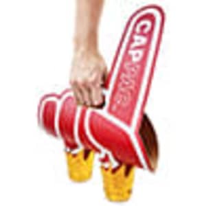 A red drink holder featuring two cup slots and a handle, designed with a logo. Ideal for events and exhibitions.