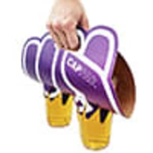 A pair of purple and yellow boxing gloves held in a hand, featuring a logo on the design.