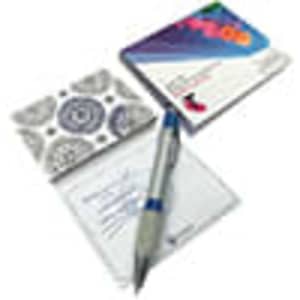 A combination pad set featuring a patterned notepad and a silver pen, with a blue accent. Includes a branded logo.