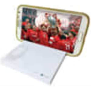 A white notepad with a phone holder, displaying a phone with a vibrant image on the screen.