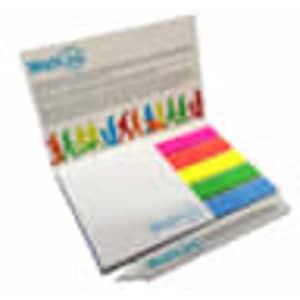 A promotional set featuring a note pad and colourful markers in pink, green, yellow, and blue. Includes a flat pen and branding.
