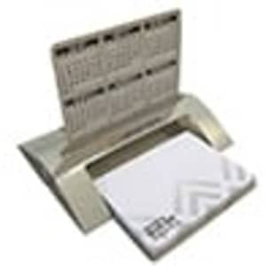 A silver pop-up combo pad dispenser with white notepads. Features a grey and white design, including branding.