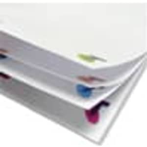 A stack of sticky notes with various coloured tabs, featuring a logo on the top. Each note measures 75x75mm.